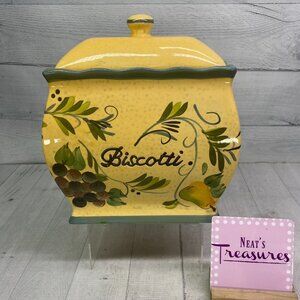NONNI'S Yellow Green Tuscan Style Handmade Rectangle Ceramic Biscotti Cookie Jar